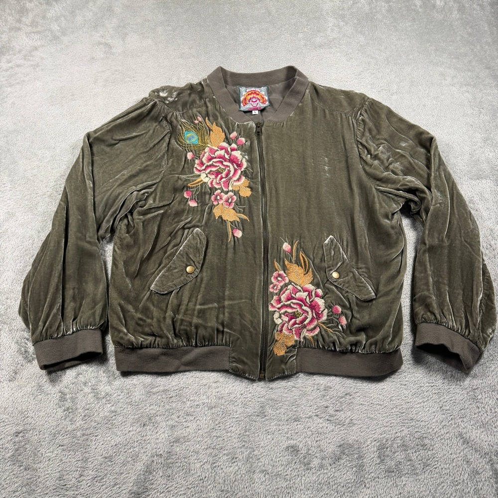 Johnny Was Velvet Bomber Jacket Womens Large Green Silk Blend Floral‎ Peacock